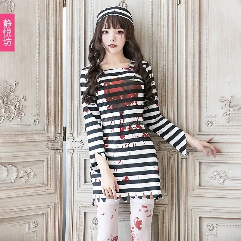 

Костюм на Хэллоуин женский комбинезон зомби с кровью Костюм заключенного Косплей Костюм заключенного бара DS костюм для вечевечерние и сцены