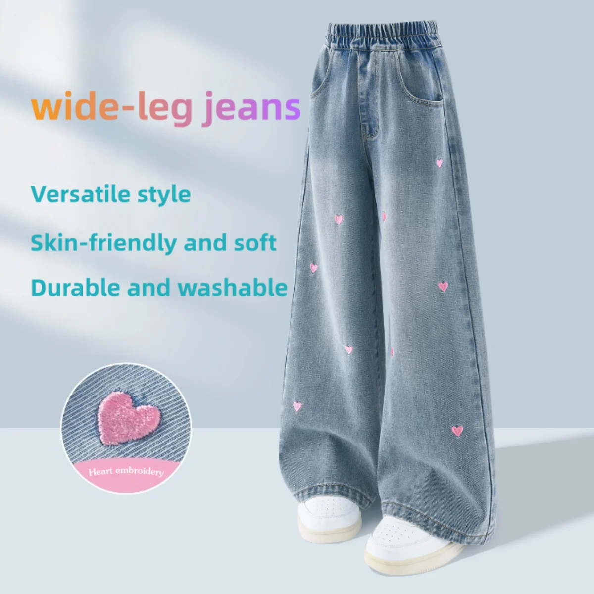 女の子ブーツカットジーンズ子供ストレートデニムパンツハート刺繍装飾子供春秋スタイリッシュな耐久性のあるズボン