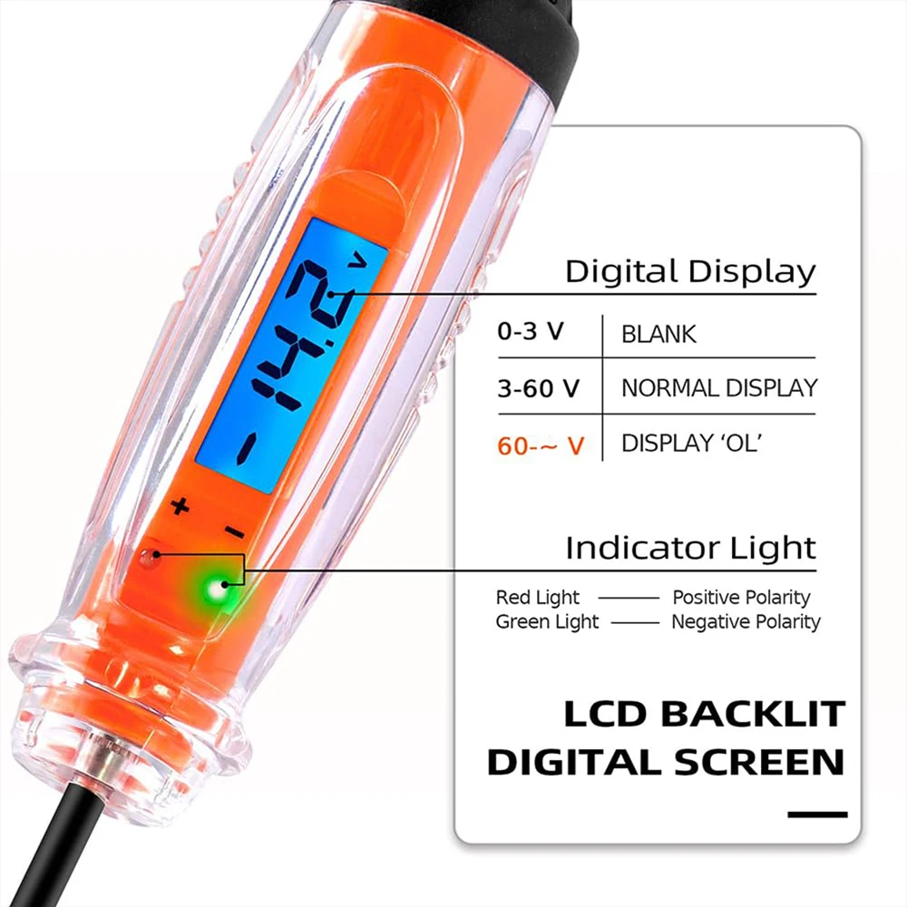 Tester Per Circuiti Automobilistici, Luce di Prova Automobilistica 12V-24V con Display Voltmetro E Indicatore Luminoso di Polarità del Colore, Penna Per Test di Tensione con Sonda in Acciaio Per Tensi