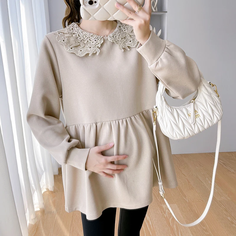 Spring New Pregnant Woman's Long Sleeved Doll Shirt Sweet Lace Peter Pan Collar Long Lantern Sleeve Maternity Blouses Tops