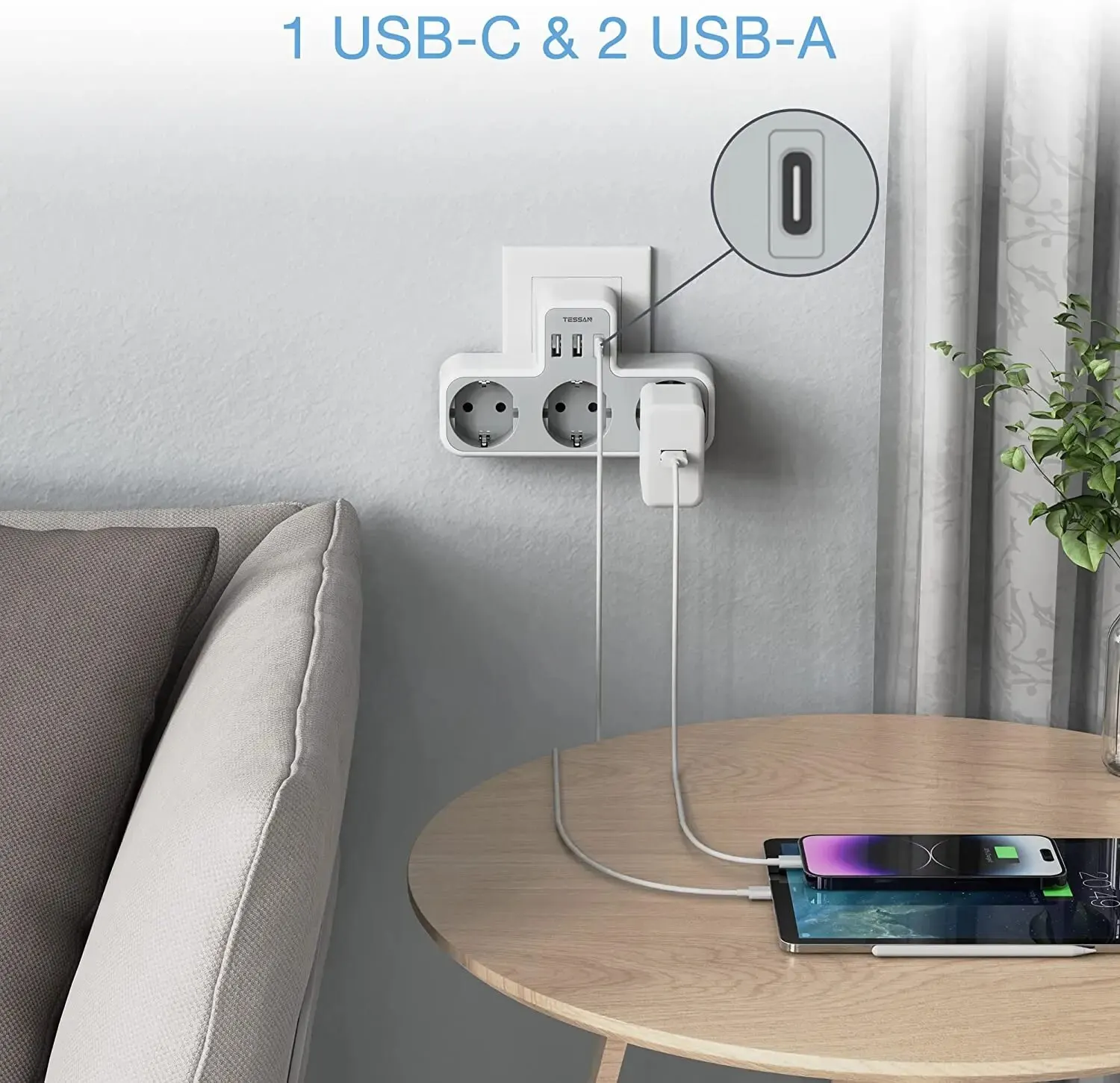 TESSAN EU Plug Power Strip with 3 AC Outlets +2 USB Ports+ 1 Type C 6-in-1 Plug Socket Adapter Wall Charger for Home Office power strip electrical socket power socket plug adapter wall socket extender power plug adapter