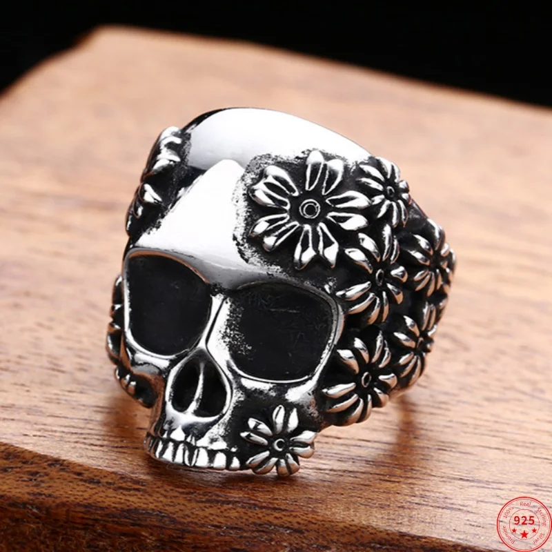

Genuine S925 Sterling Silver Rings for Men New Fashion Relief Flowers Pattern Skull-head Ancient Punk Jewelry Free Shipping