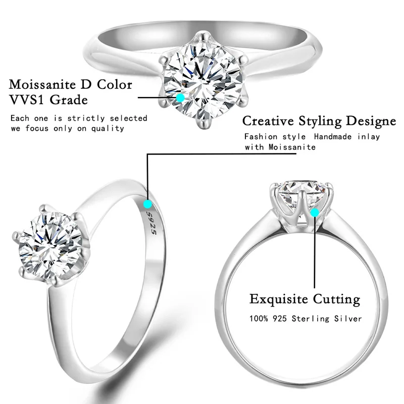 URMYLADY Luxury 925 Sterling Silver Real Moissanite Rings