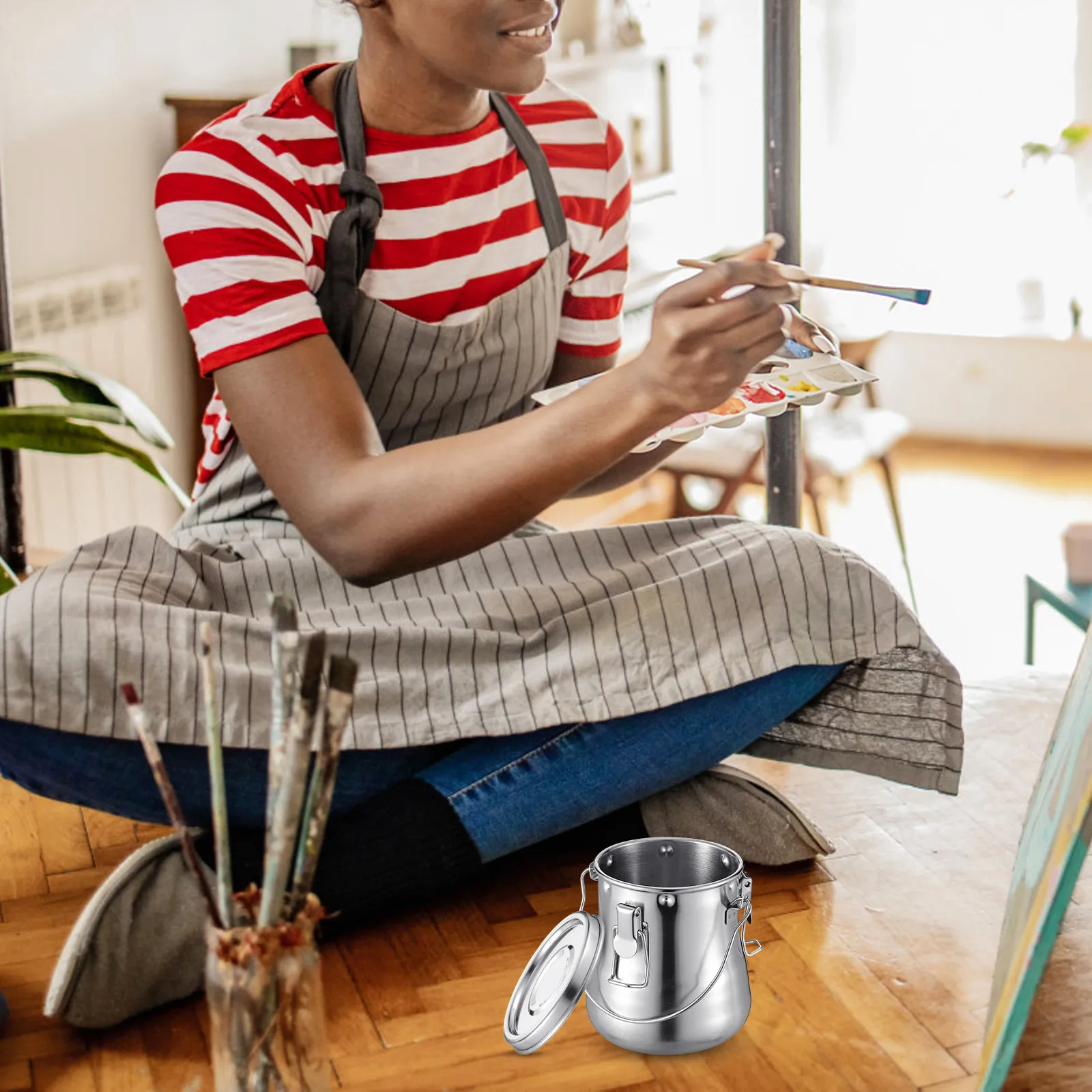 휴대용 L 사이즈 금속 브러시 세척 버킷 스테인레스 스틸 커버 펜 홀더 포함 페..
