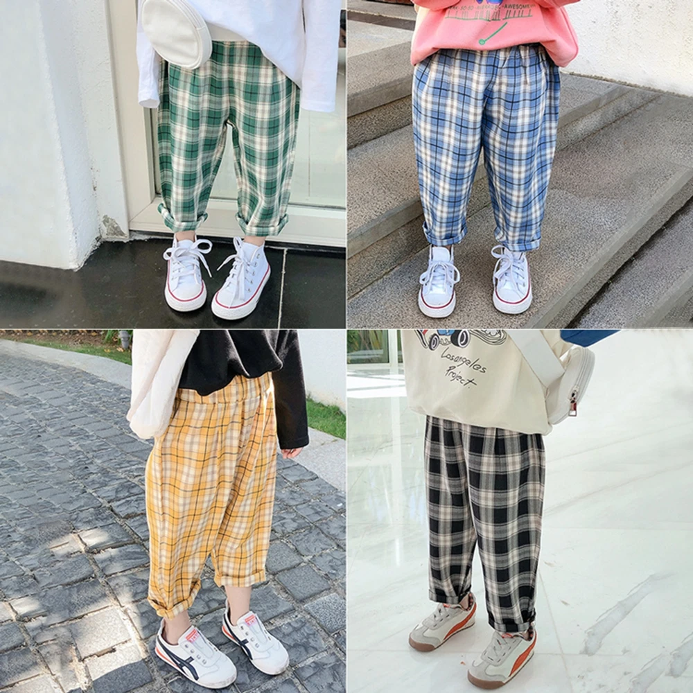 Spring Summer Girls Boys Casual Wide Leg Pants Ankle Length Plaid Pant Baby Kids Children Trousers Outfit