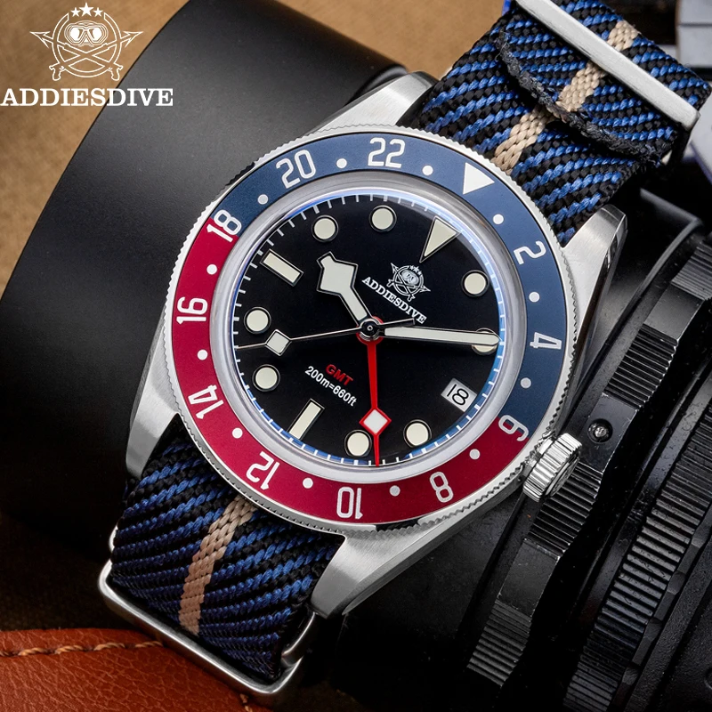 ADDIESDIVE NEW 39mm Business GMT Quartz Watches Bubble Mirror Glass Super Luminous Watch For Men 200m Dive Waterproof WristWatch