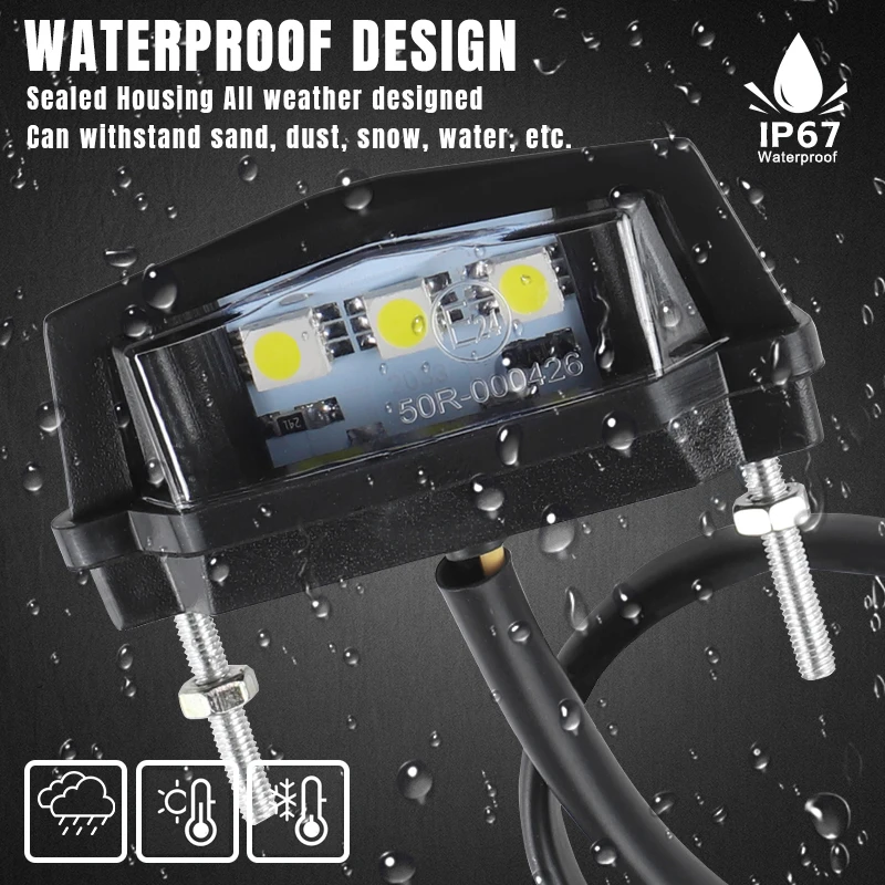 12V Motorcycle LED License Plate Light White Lamp Waterproof 2 Wires Black Shell