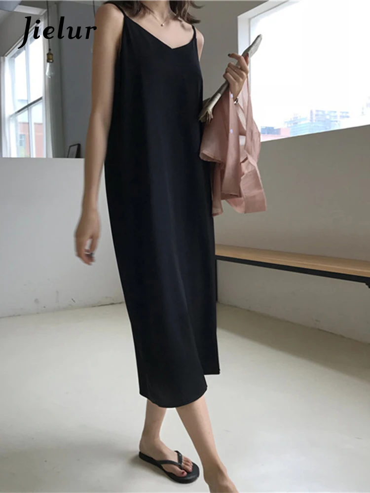 

Летнее Сексуальное Женское Платье-макси Jielur 2022, свободные платья без рукавов с V-образным вырезом, длинное черное вечернее вечерние на бретельках