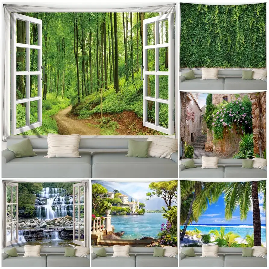 

Forest Landscape Tapestry Green Plant Flowers Waterfall Ocean Beach Nature Garden Wall Hanging Home Living Room Decor Tapestries