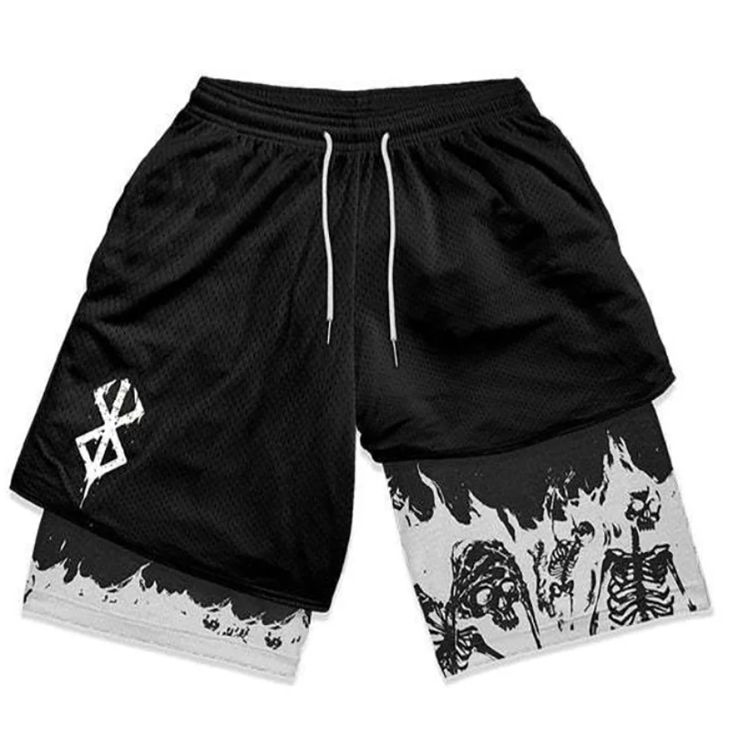 Anime Gym 2 in 1 Shorts for Men Quick Dry Breathable Mesh Performance Shorts Summer Sports Fitness Workout Jogging Short Pants