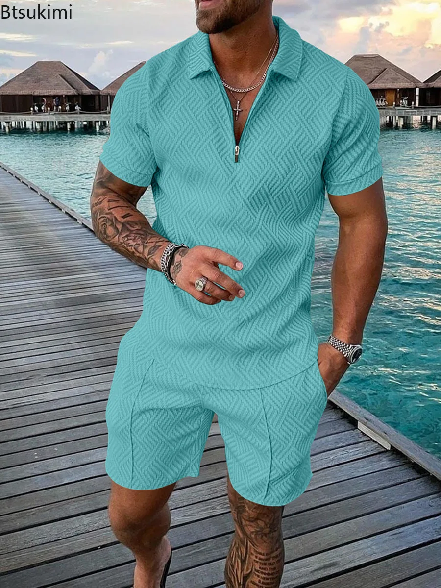 Hot Sale New Men's Fashion Printed Two Piece Sets Half Zipper Short Sleeve Polo Shirt and Shorts Casual Suit Men Trend Tracksuit