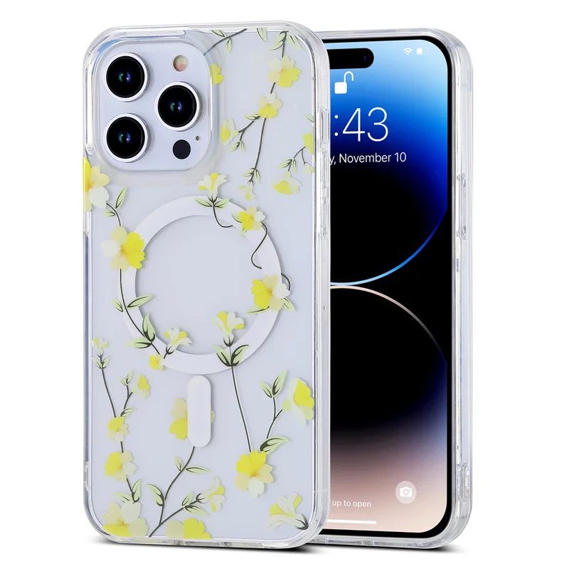 Transparente Magsafe-Hülle mit schönen Blumen für iPhone 16 Pro Max 15 14 13 12, dünne, harte, kabellose Ladeabdeckung aus Acryl, Funda 14Pro_voghion.com