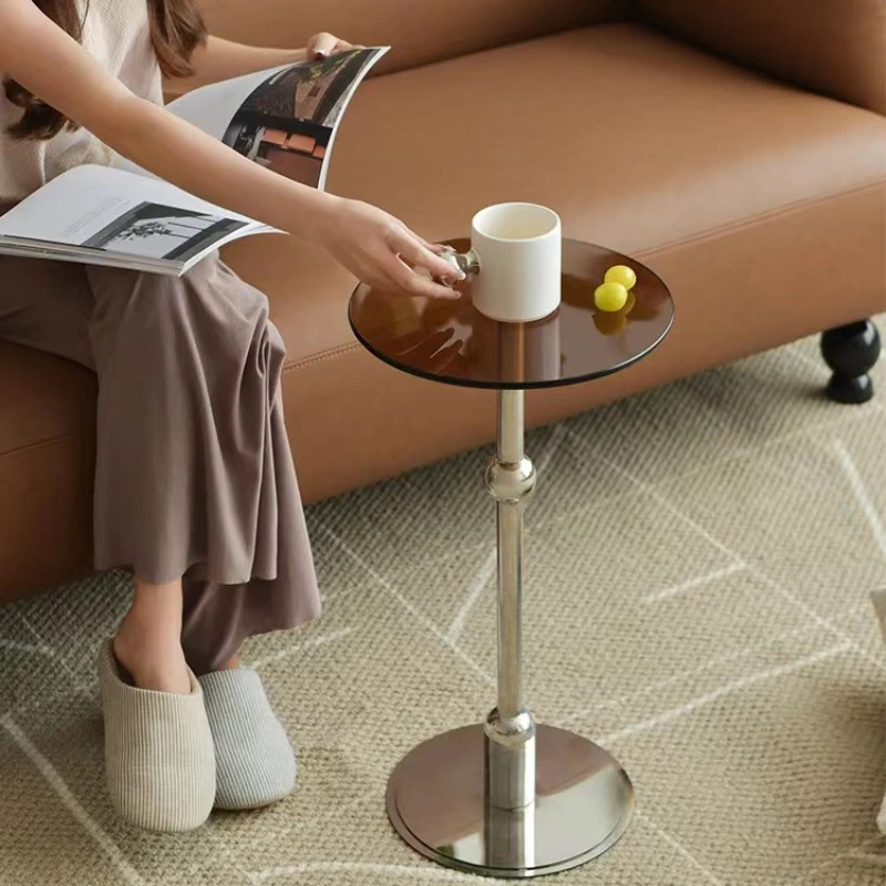 

Stainless steel round small coffee table, minimalist small living room, sofa side with balcony, light luxury corner table