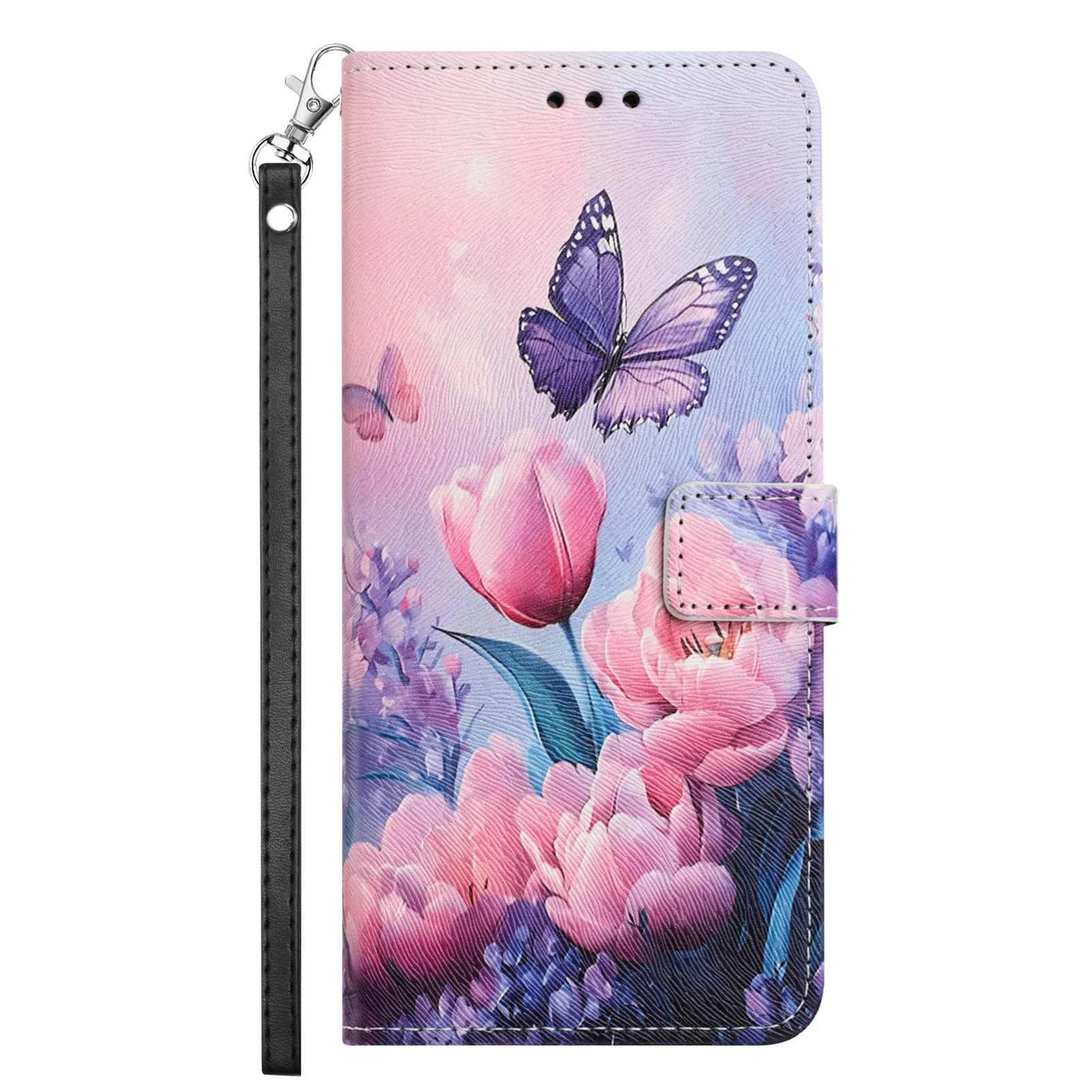 Floral Leather Flip Phone Case with Strap - Fashionable Protective Cover