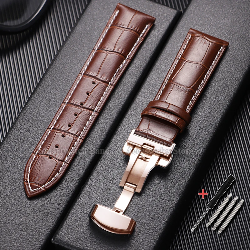 Premium Waterproof Cowhide Leather Watch Strap with Metal Butterfly Buckle