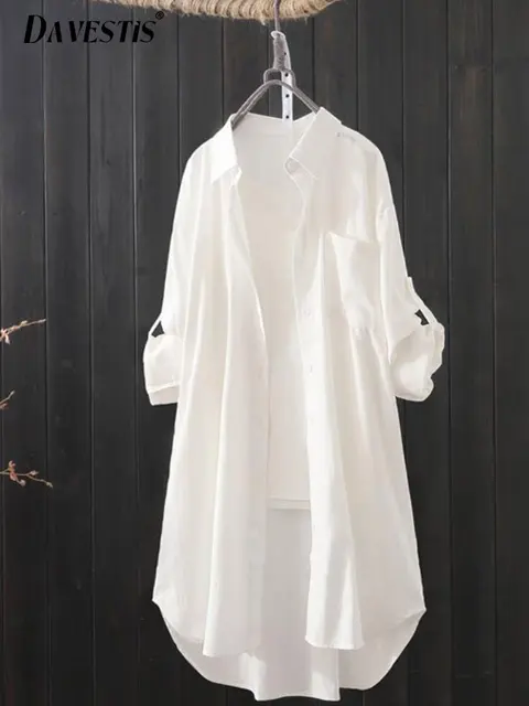 White Shirt Women 2023 Spring Summer Korean Fashion Simple Solid Color Long Shirts Lady Loose Breathable Midi Shirt and Blouse