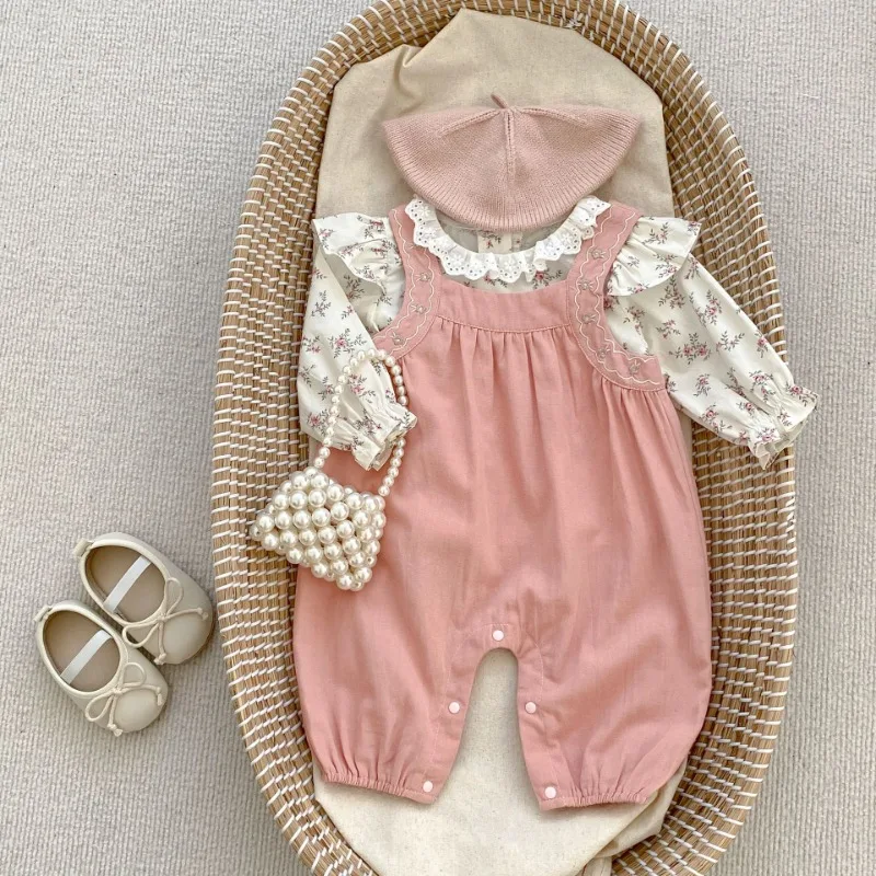 

2023 Baby Girl Embroidered Suspenders Set Autumn Kids Clothes Cotton Long-sleeved Shirt Overall Infant Outfit Toddler Costume