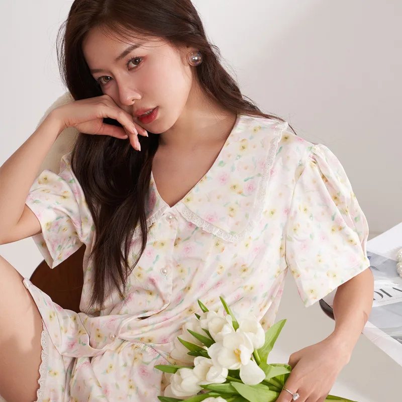 CRLAYDK 2023 Summer Flower Pamas Set for Women Short Sleeve Satin Silk Button Down Sleepwear Bride Soft Pjs Loungewear_voghion.com
