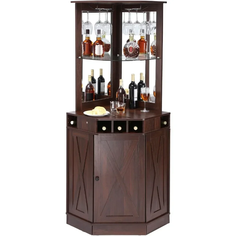 Corner Industrial Bar Cabinet, Wine Table for Liquor & Glasses, Sideboard Buffet Cabinet with Glass Holder, Bar Cabinet