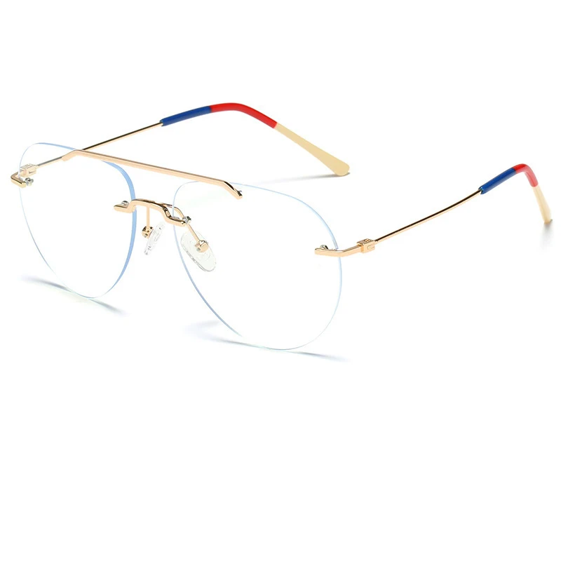 

New Double Beam Rimless Glasses Women Oversized Anti Blue Light Eyeglasses Flat Mirror Optical Prescription Glasses Men Frame