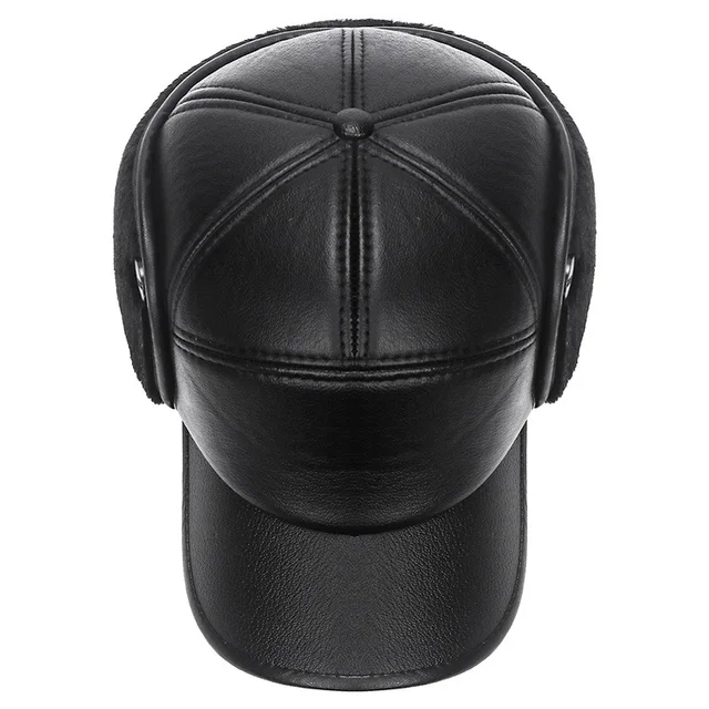 New Winter Bomber Hat Men Women Russian Black Leather Ushanka Cap With Ear Flaps Fur Warm Leather Brand Baseball Cap 4
