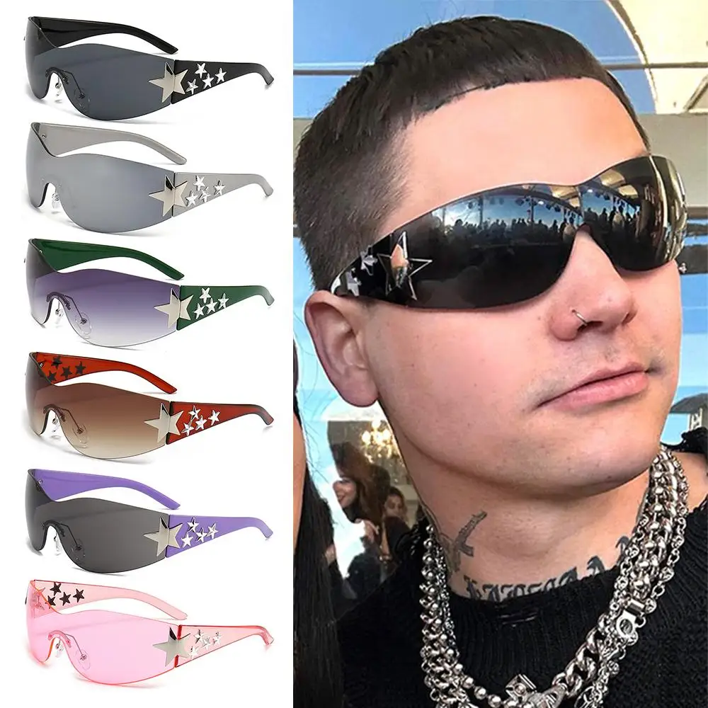 

Women and Men Trendy Black Sunglasses Cool UV400 Protection Sun Glasses Wrap Around Stars Decor Rimless Y2K Sunglasses