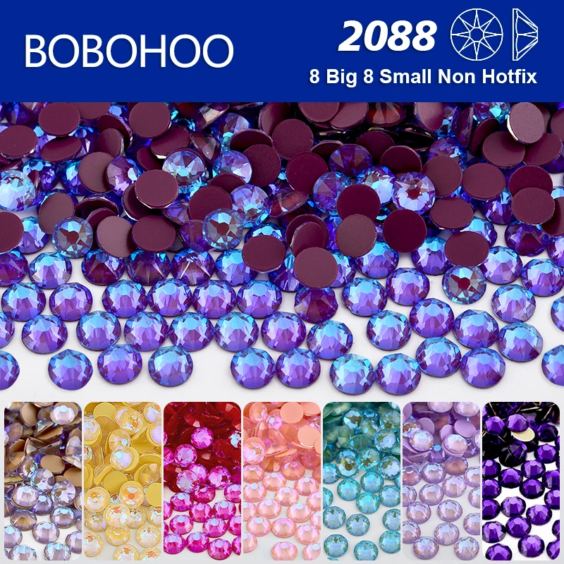 BOBOHOO 2088 Hochwertige 16-fach geschliffene Strass-Steine aus Mocha MI Glaskristall, 8 große und 8 kleine, flache Rückseite, nicht heißfixierbar, für DIY-Bastelarbeiten und Nageldesign
