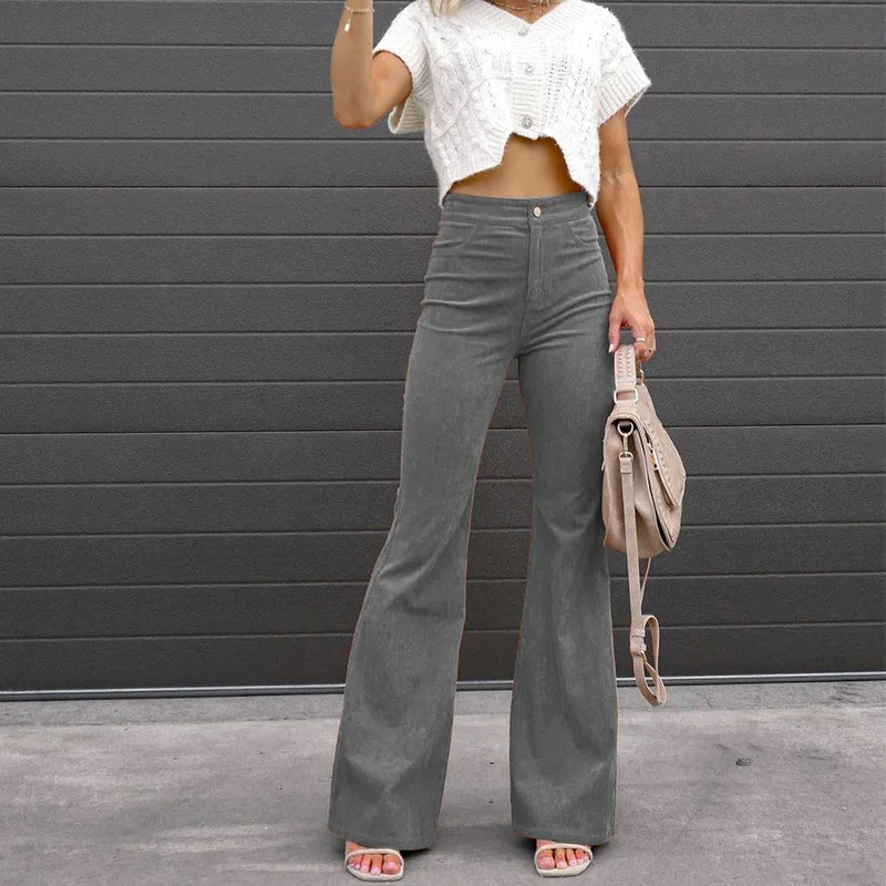 Street Fashion Pantalon Europe American Spring Autumn Women's Solid Mid Waist Slim Micro Bell Bottoms Corduroy Casual Sweatpant