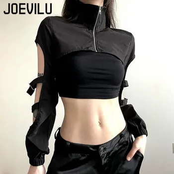 JOEVILU Women's Cyberpunk Goth Harajuku Crop Tops Long Sleeve Hollow Out Zipper T Shirt Y2K Grunge Streetwear Jacket for Dancing 1
