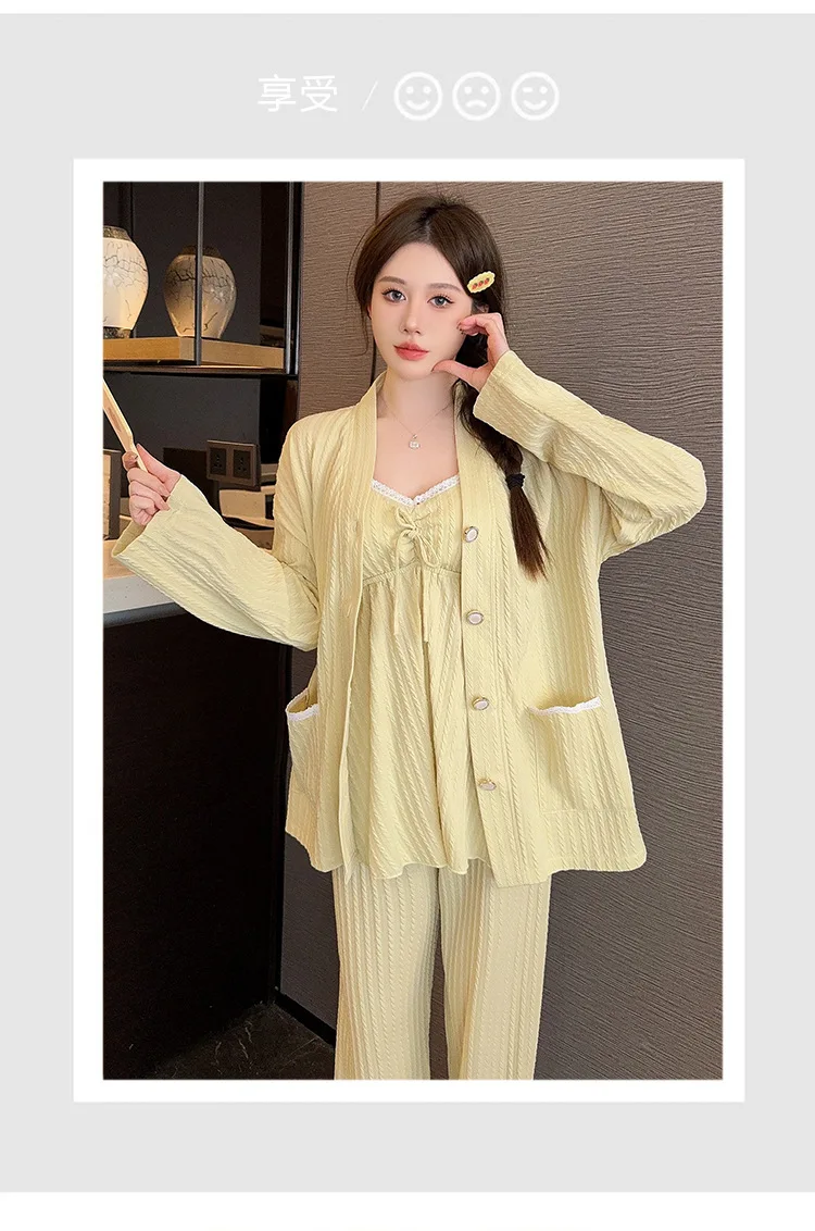 Koreanische sexy Pijama Mujer Frauen Pyjamas Set Baumwolle bequeme 3 Stück Nachtwäsche Brust polster Home Kleidung Winter Pyjamas Femme – Detail 7