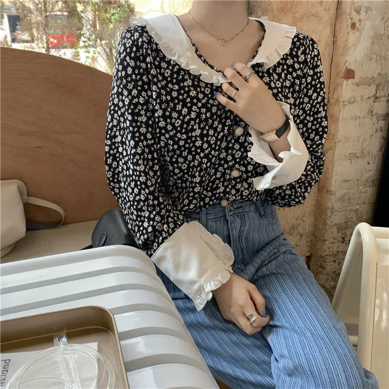 Spring Autumn New Floral Patchwork Shirt Tops Long Sleeve Contrast Printing Loose Sweet Blouse Vintage Fashion Women Clothing