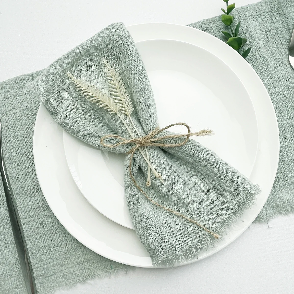 50pcs 32x32cm sage green Gauze Cotton NapkinReusable Tea Towel Wedding Party Christmas Table Decor Retro Burrs napkin Wholesale 2