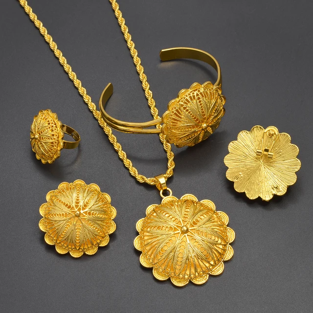 Anniyo 7.7cm Big Pendant Necklace Earrings Bracelet Rings African Ethiopian Jewelry Sets Eritrean Arabic Wedding Decor  #155216R 3