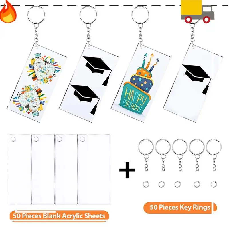 50개 승화 아크릴 키체인 블랭크 투명 송 키체인 블랭크 비닐 키트용 직사각형 키체인