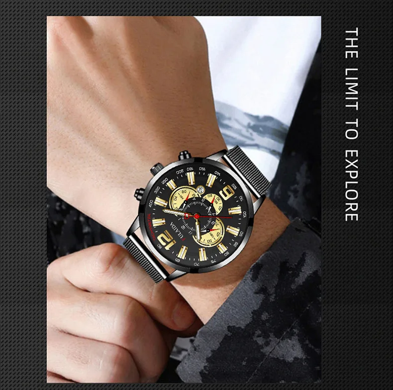 Men's Fashion Business Calendar Watches Luxury Stainless Steel Mesh Belt Analog Quartz Watch Business Luminous Wristwatch Clock