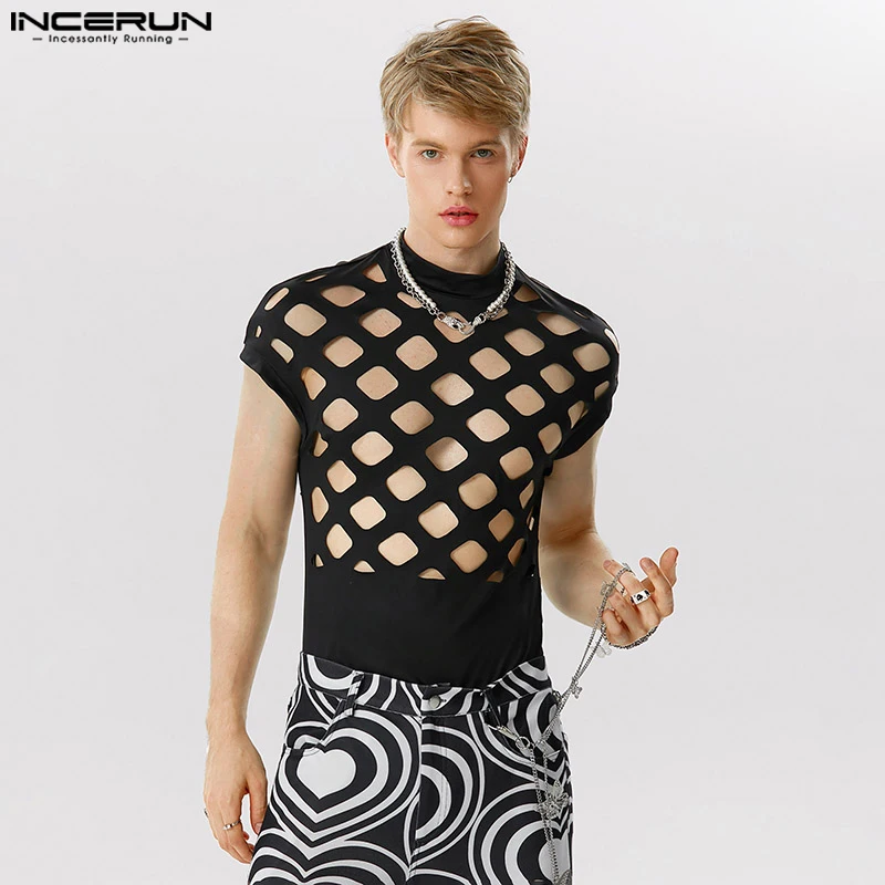 

Sexy Fashionable Style Men Homewear INCERUN Half High Collar Solid Jumpsuits Hollowed Out Sleeveless Comfortable Bodysuits S-5XL