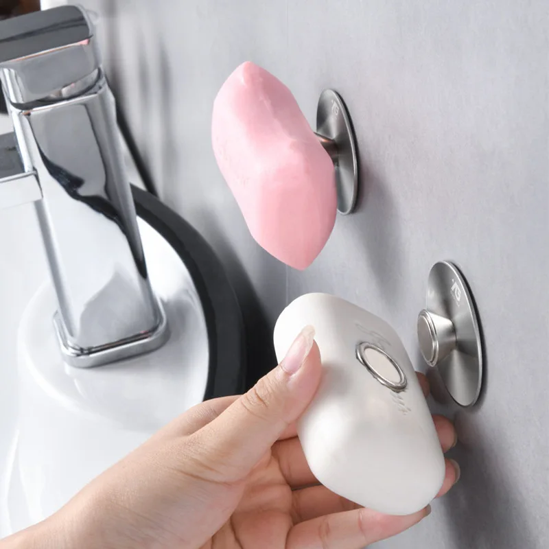 1pc Wall-mounted Magnetic Soap Holder Stainless Steel Soap Hanger Creative Self Draining Punch-Free Soap Dish Bathroom Organizer
