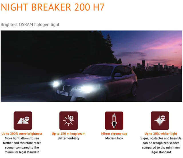Osram Night Breaker 200 12v 55w H7 Car 200% Brighter Upgrade Headlight  Bulbs Set