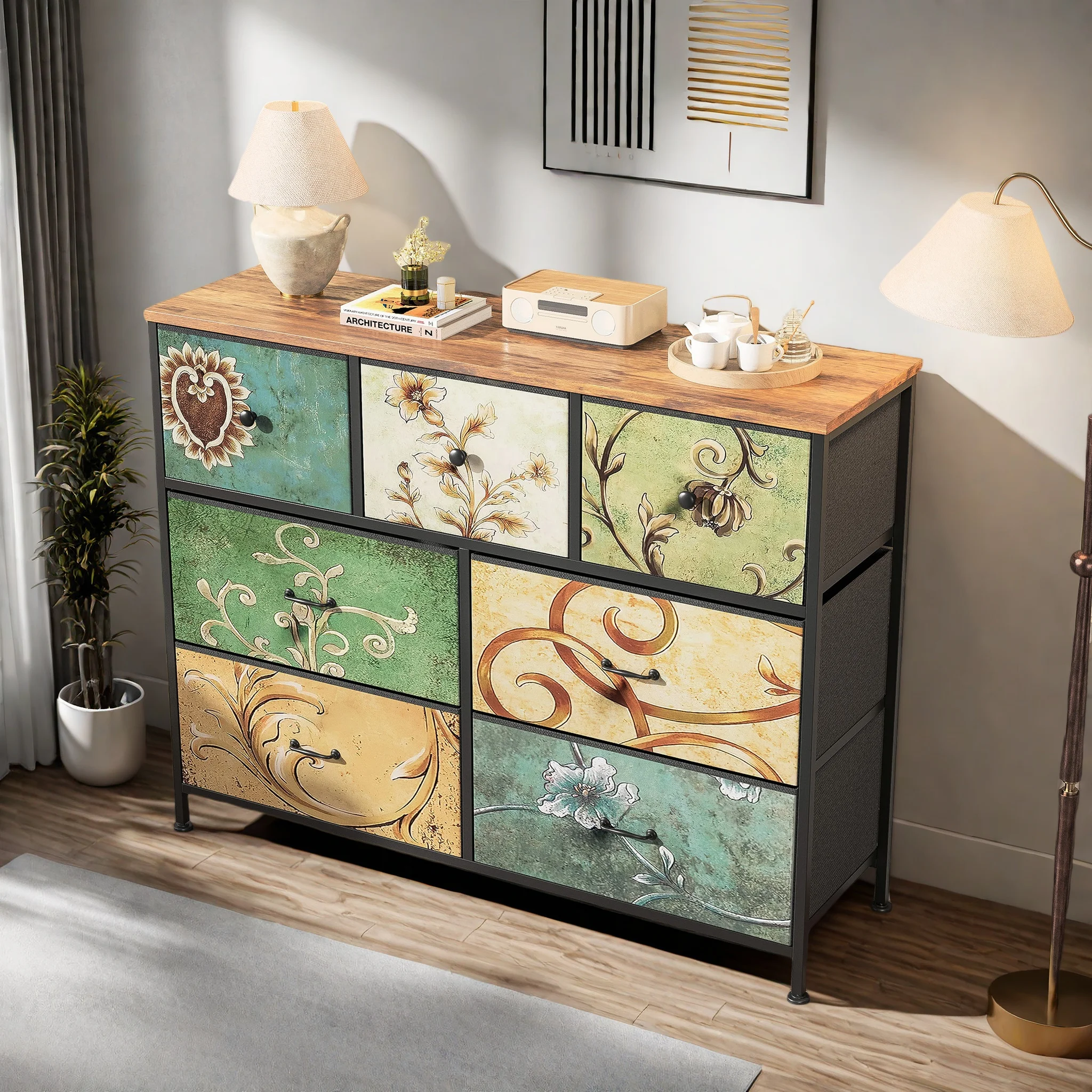 Rosahqnda Vintage-Schrank mit Stoffschubladen, TV-Ständer, Kommode für Wohnzimmer, Esszimmer, Schlafzimmer, Eisenrahmen – Detail 3