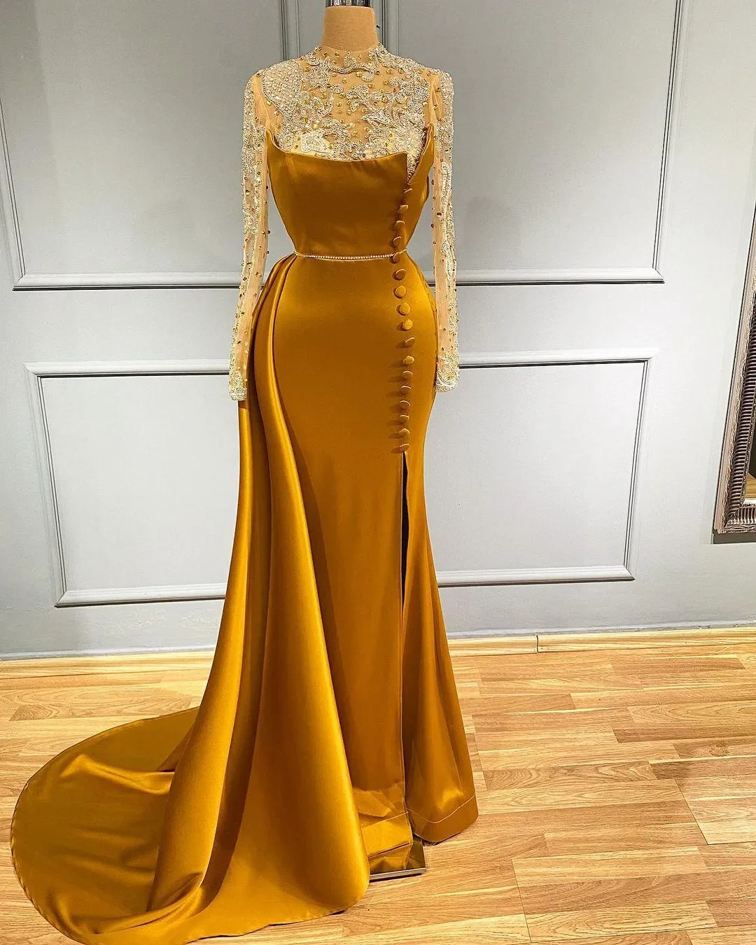 

Gold Mermaid Trumpet Formal Wedding Guest Evening Prom Dresses Cocktail with Side Split Rhinestones Beads Vestidos De Fiesta