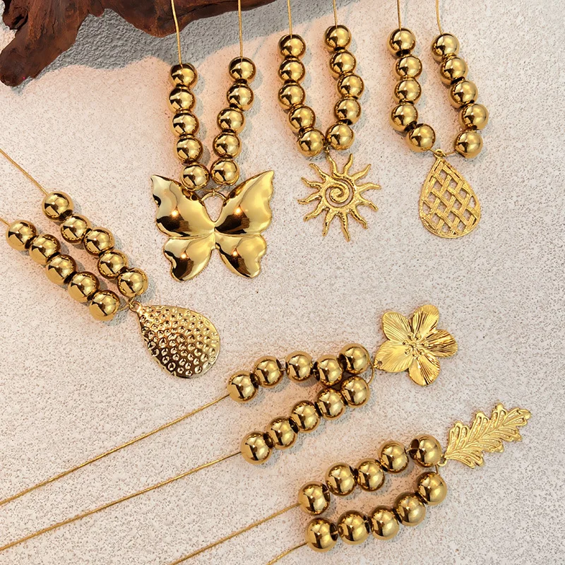 Hiphop Rock Stainless Steel Ball Flower Butterfly Necklace Exaggerated Waterproof Beads Beaded Necklaces Handmade Punk Jewelry