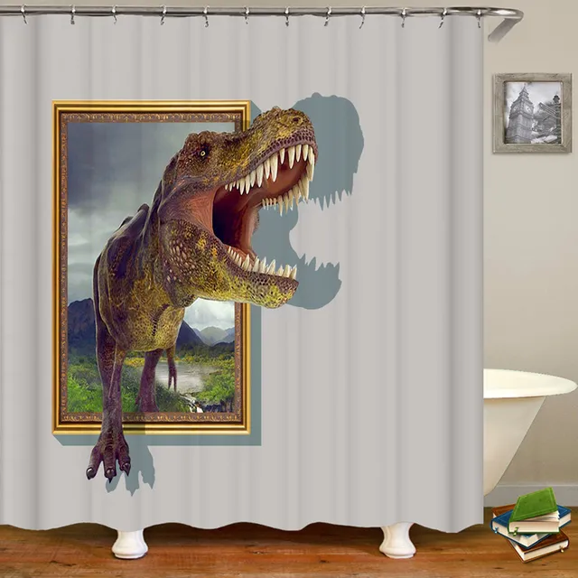 Divertido juego de cortina de ducha de dinosaurio para baño, cortinas de  bañera de animales de tela blanca divertida, accesorios únicos de Raptor