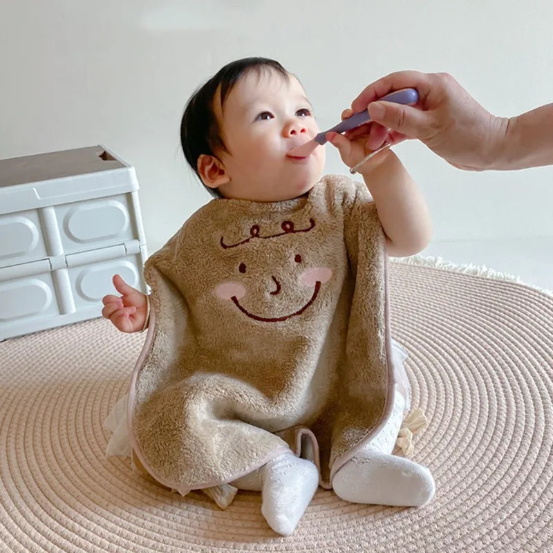Baby Toddler Kids Plush Waterproof Feeding Bibs Burp Cloths for Brushing Teeth Washing Face Eating Cute Cartoon Bear Soft Bibs