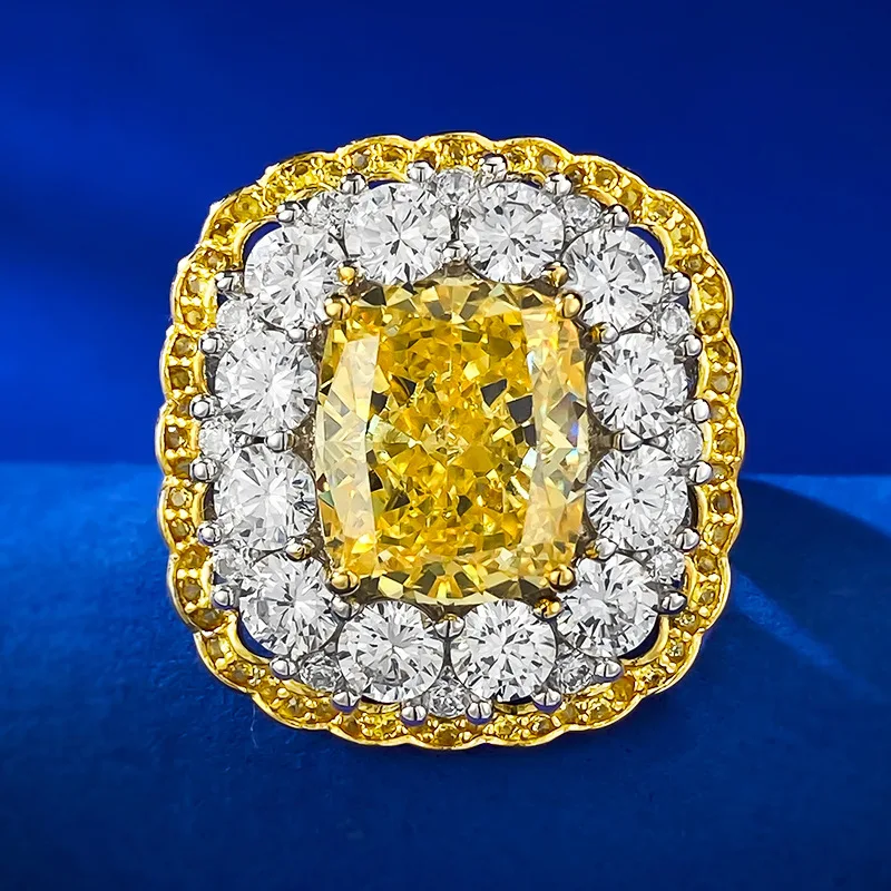 

S925 Silver High Carbon Diamond Ring 10 * 12mm Yellow Diamond Ice Cut 925 Silver Women's Ring Wholesale
