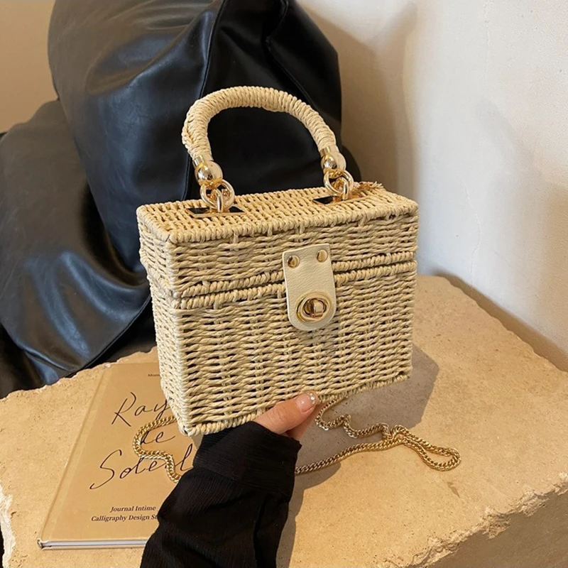 Rattan Straw Shoulder Bag Women Hand-woven Messenger Bag Summer Beach Square Box Straw Handbag For Lady Bolsa Feminina