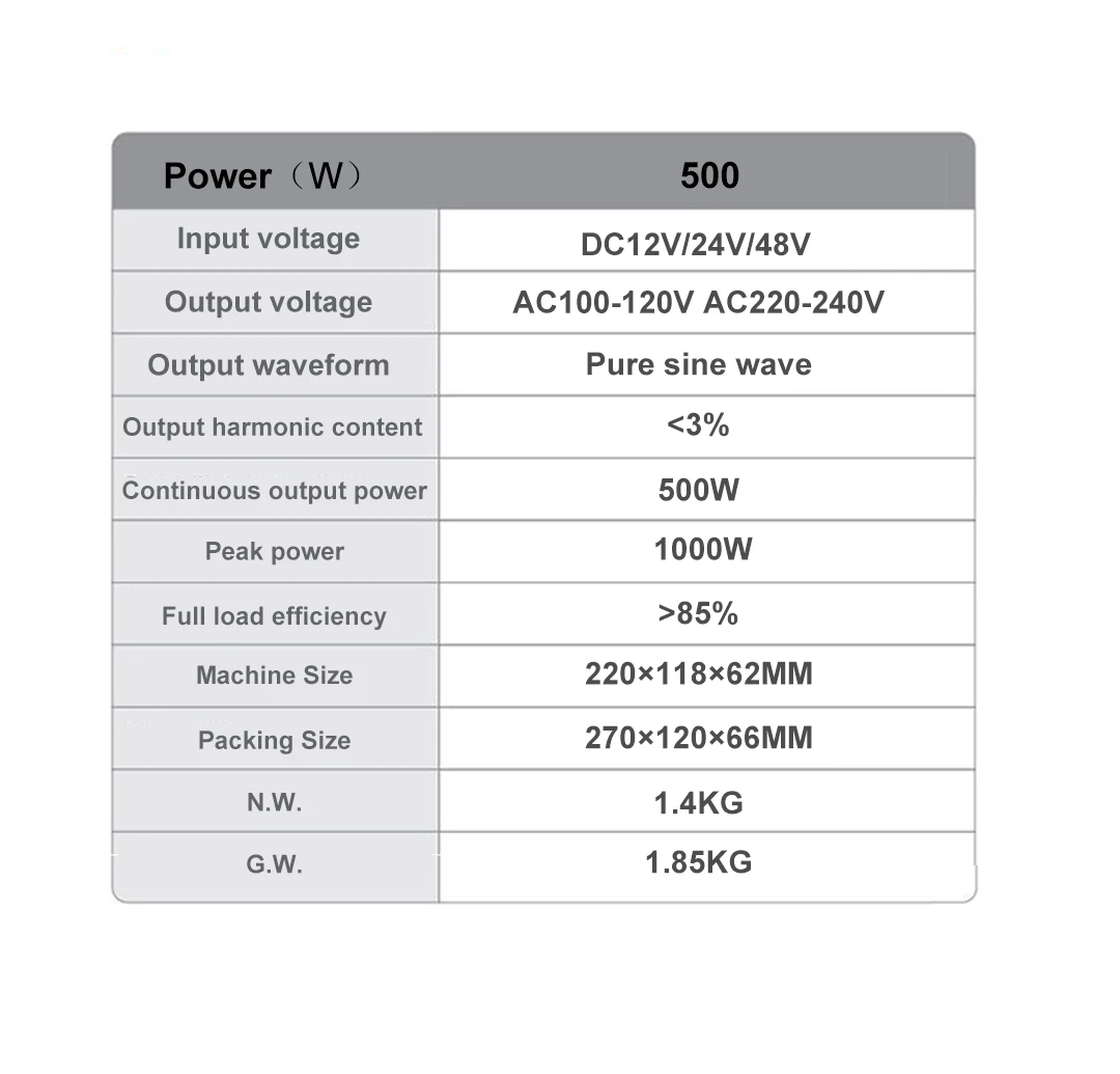 500W Pure Sine Wave Inverter DC12V/24V/48V Peak power 1000W Inverter AC100-120V