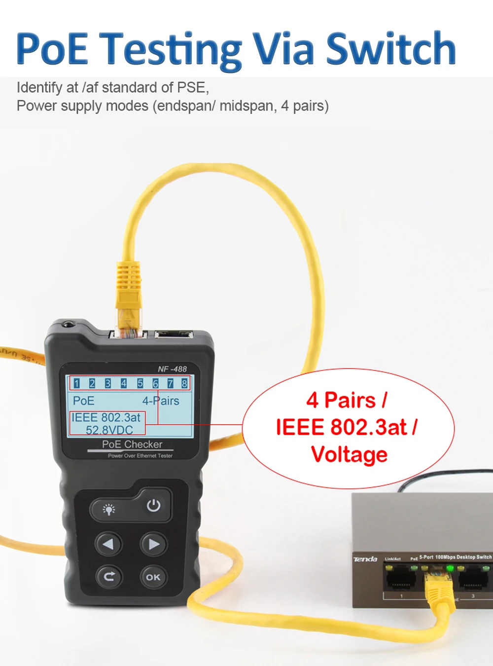 NOYAFA Netzwerkkabeltester NF-488 PoE Checker LCD-Display Kabel Tracker PoE Spannung Strom Tester Loop-Back Test – Detail 6