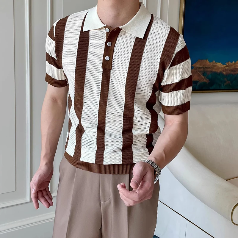 Contrast Color Striped Mens Polo Shirts Trendy Button Turn-down Collar Knit Tops Men Spring Summer Daily Casual Breathable Polos 14 Sc18b90f14af64d39ba9782d29662d5a86