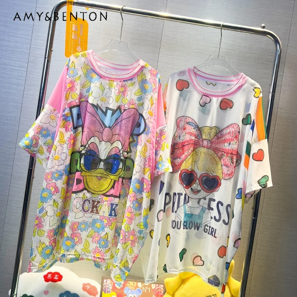 

Potdemiel Cartoon Printed Rhinestones T-shirt Women's Summer 2024 Loose Western Style Mid-Length Chiffon Shirt Top Fashion Tees