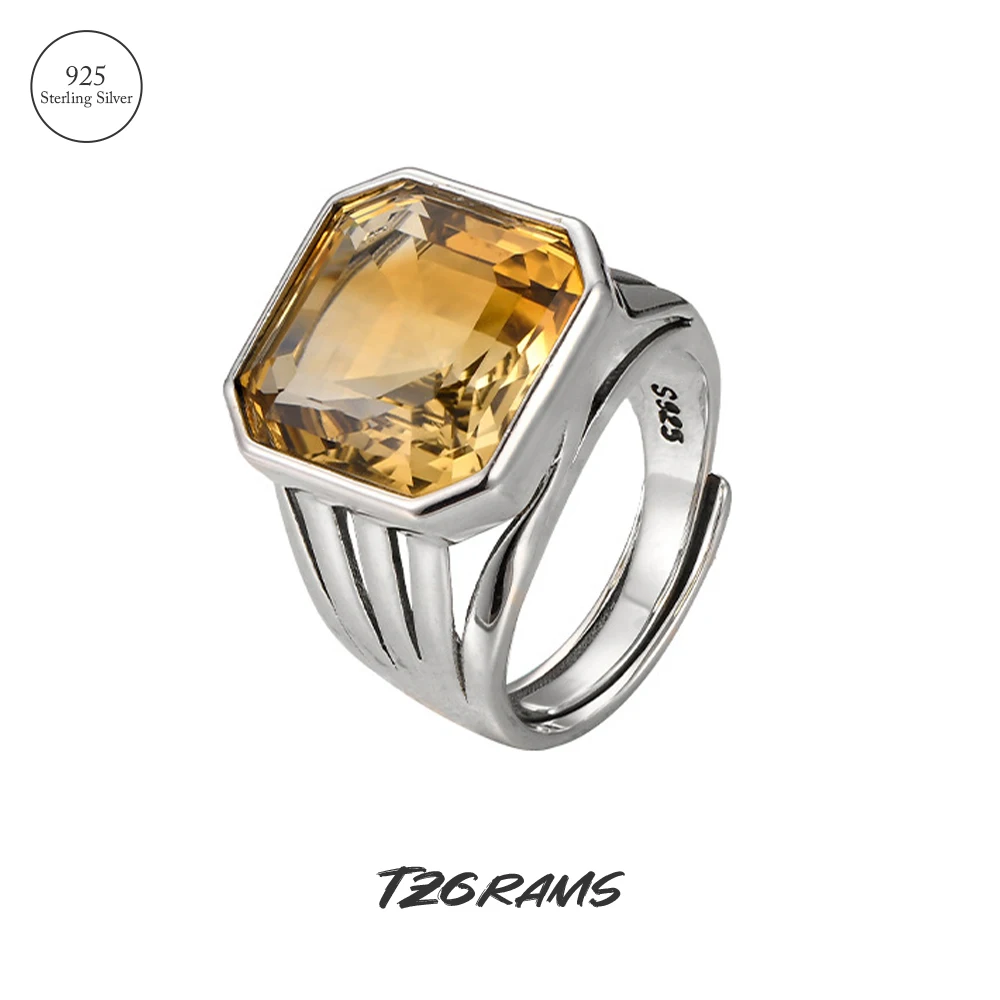 

TZgrams Natural Citrine Ring Geometry 925 Sterling Silver Yellow Gemstone Large Statement Ring for Women and Men Vintage Jewelry